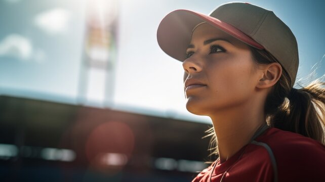 Closeup Of A Woman Softball Player Standing On A Softball Field Looking Away From Camera In The Sun