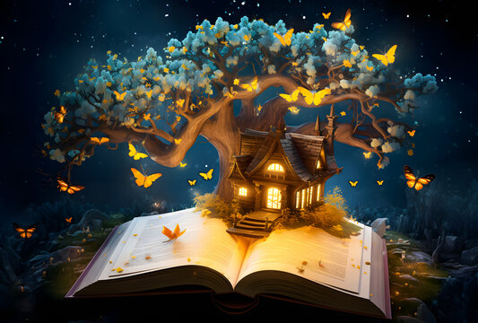 Magic pop up book with fantasy fairy house and tree. Halloween concept. Book world day. 3D rendering