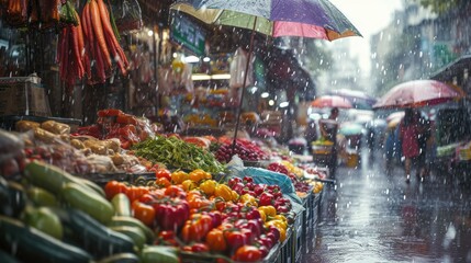 Generative AI, Traditional oriental asian market with fruits and vegetables under the rain with umbrellas - obrazy, fototapety, plakaty