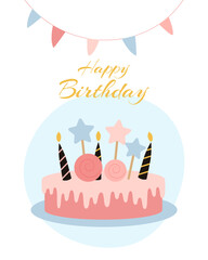 A beautiful, delicious birthday cake decorated with candles. Vector illustration on a white background.