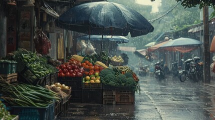 Generative AI, Traditional oriental asian market with fruits and vegetables under the rain with umbrellas - obrazy, fototapety, plakaty