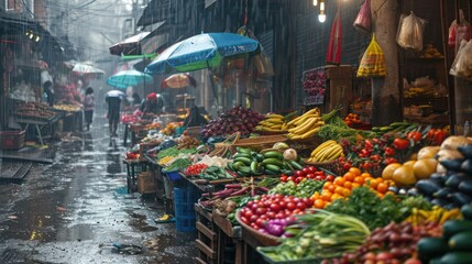 Generative AI, Traditional oriental asian market with fruits and vegetables under the rain with umbrellas