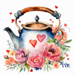 Cute kettle watercolor illustration. Vintage teapot and blooming flowers. Tableware. Home, cozy. Mother's Day, Birthday. For printing on greeting cards, stickers, notepads, towels.