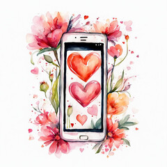 Valentine's day watercolor illustration. Phone, hearts, flowers. Love, romance, wedding. Valentine card. Holiday. For printing on greeting cards, stickers, notepads, towels.
