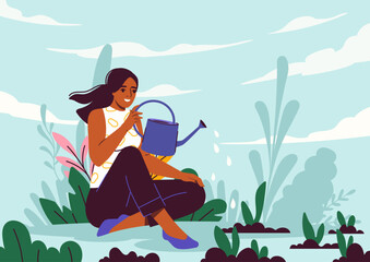 Earth day celebration poster. Woman with watering can near plants and stems. Care about ecology and environment. Horticulture and botany. Graphic element for website. Cartoon flat vector illustration