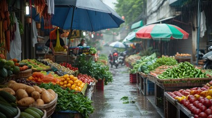 Fototapeta na wymiar Generative AI, Traditional oriental asian market with fruits and vegetables under the rain with umbrellas