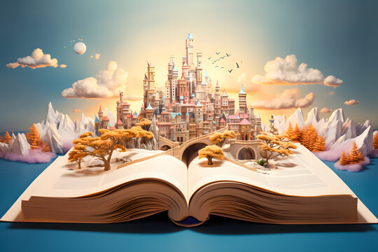 Pop up book with fantasy cityscape on the pages. 3D rendering, World book day