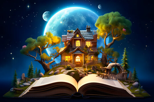 Pop-up book with fairy tale house and tree on the background night of the moon
