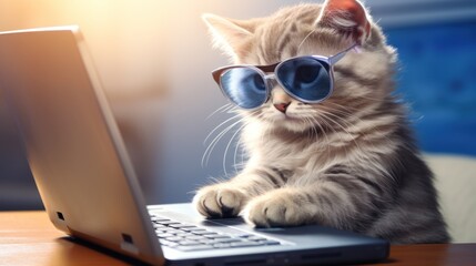 Fototapeta premium Funny cat with sunglasses diligently working on a computer, a cute kitten in a freelance office setting