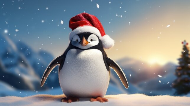 Joyful holiday image featuring a happy penguin in a Santa hat against a snowy winter landscape