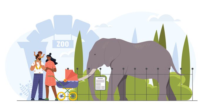 Family in zoo concept. Man and woman with stroller near cage with elephant. Active lifestyle and leisure outdoor. Mother and father with babies look at animal. Cartoon flat vector illustration