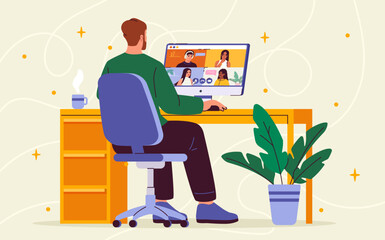 Freelancer working at home. Man sitting at computer. Distance worker work at project. Video conference and teamwork. Young guy with online earnings. Cartoon flat vector illustration