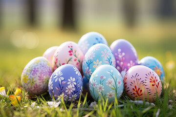 Fototapeta na wymiar Pile of traditional colored with bright patterns easter eggs in green fresh grass in spring forest