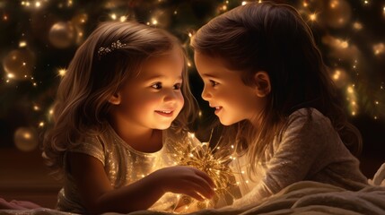 Christmas magic unfolds in this heartwarming scene of family joy with two sisters sharing secrets amid the festive glow of holiday lights.
