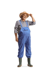 Mature farmer in blue overalls greeting with his straw hat