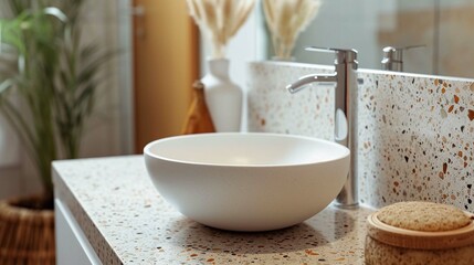 Terrazzo counter with white sink. Minimalist interior design of modern bathroom.