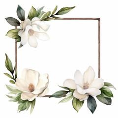 watercolor frame of magnolia flowers and leaves.