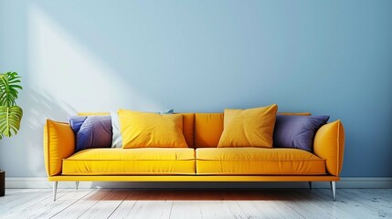 Vibrant yellow sofa with colorful cushions. Minimalist style home interior design of modern living...