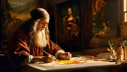 Renaissance Era Concept: Inspired Senior Leonardo da Vinci Painter Adding Details to his Painting on Canvas Mona Lisa.. Professional beardedc Artist in his Art Studio Painting his Next Masterpiece. - obrazy, fototapety, plakaty