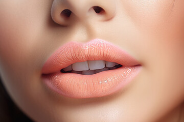 Naklejka premium Close-up of beautiful female lips. Peach fuzz lipstick,, gloss,open mouth. Trending color 2024.. Makeup. Beautiful model skin. Sexy plump lips.