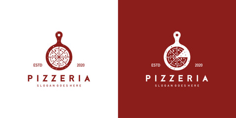 Creative Pizzeria Logo. Cutting Board Slice Pizza Italian Food Hipster Vintage Retro Stamp. Restaurant Logo Icon Symbol Vector Design Template.