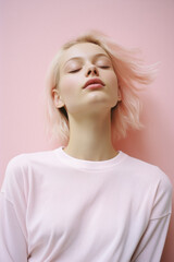 Portrait of a beautiful young woman with blonde hair on a pink background