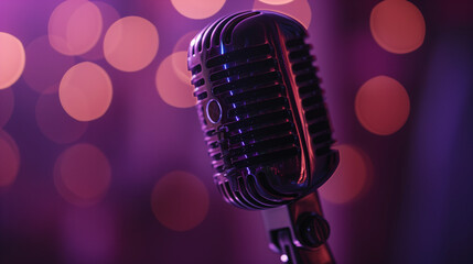 Fototapeta na wymiar Retro microphone on a purple and black background.