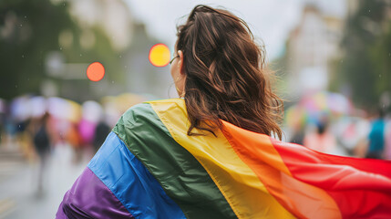 Rear view of woman with a rainbow flag LGBT concept.