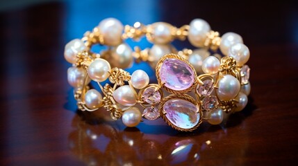 "A detailed close-up of a multi-strand pearl bracelet, showcasing the timeless allure of these iridescent gems."