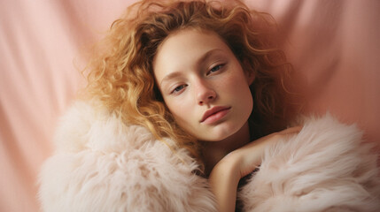 Portrait of beautiful young woman in fur coat lying on pink background