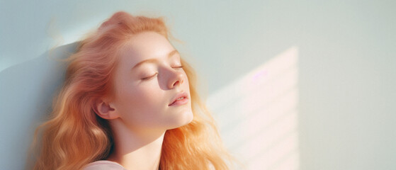 Portrait of a beautiful young woman with long red hair and closed eyes .