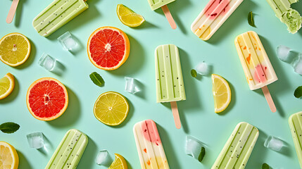 Minimal food concept. Summer tropical background, flat lay of icy exotic refreshment, colorful, vivid color ice creams on stick on pastel green background. Pattern made of ice cream and citrus.