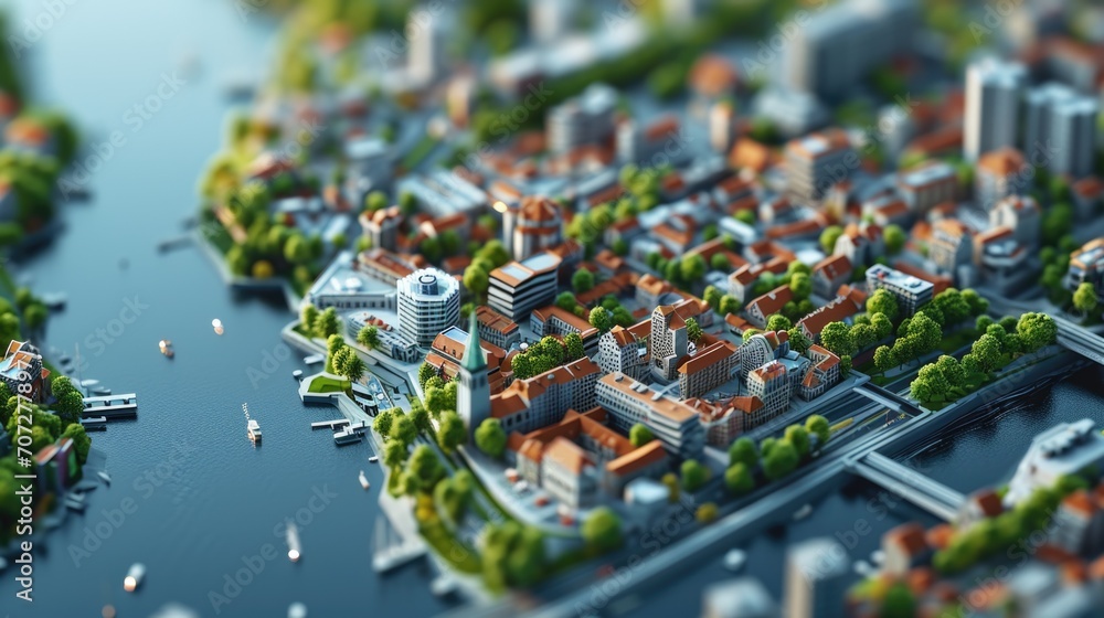 Poster a small model of a city with a river running through it. ideal for urban planning or architectural p