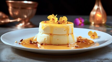 A dynamic composition showcasing the interplay of textures and flavors in rasmalai immersed in a fragrant saffron-infused syrup.