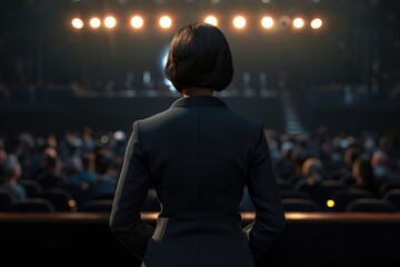 A professional woman wearing a suit standing confidently in front of a large crowd. Suitable for...