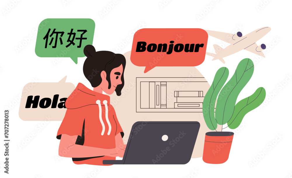 Poster learning foreign languages concept. international communication and interaction. young girl with lap