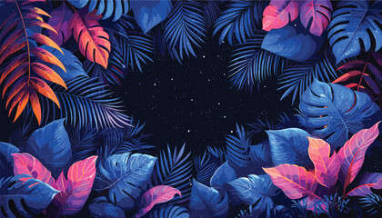 Vector background with a collection of tropical leaves in blue color, foliage plant design, space backdrop, botanical illustration, exotic flora decoration, lush leafy pattern, cosmic themed 