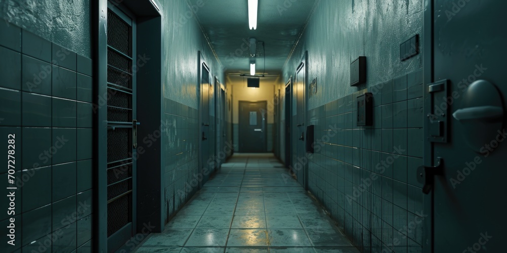 Poster a long hallway with tiled walls and multiple doors. suitable for architectural and interior design p