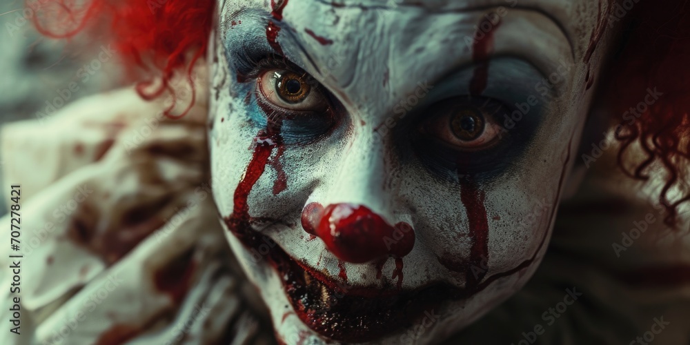 Poster a close-up shot of a clown with vibrant red hair. this image can be used to add a touch of fun and w