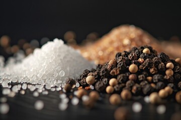 A pile of salt sitting next to a pile of pepper. Perfect for adding flavor to your meals