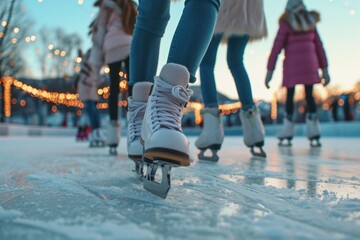 A group of people enjoying ice skating on an ice rink. Perfect for winter sports or leisure activities