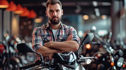 Confident adult man customer male buyer client wear shirt look camera choose bike want to buy new black motorbike or automobile in car showroom vehicle salon dealership store motor show Sales concept