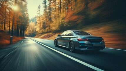 closeup of new car driving on winding country road with a motion blur background cool tones - obrazy, fototapety, plakaty