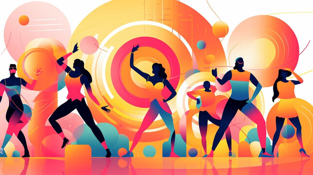 Copy space, vector illustration, Hit the 70s fitness club with geometric flair! Friends rocking leotards, kaleidoscopic yoga mats, and disco beats. Shapes meet sweat in this retro workout groove!