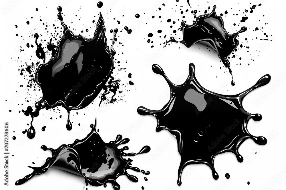 Aufkleber A dynamic image capturing a group of black liquid splashes on a clean white surface. Perfect for various creative projects and advertising campaigns