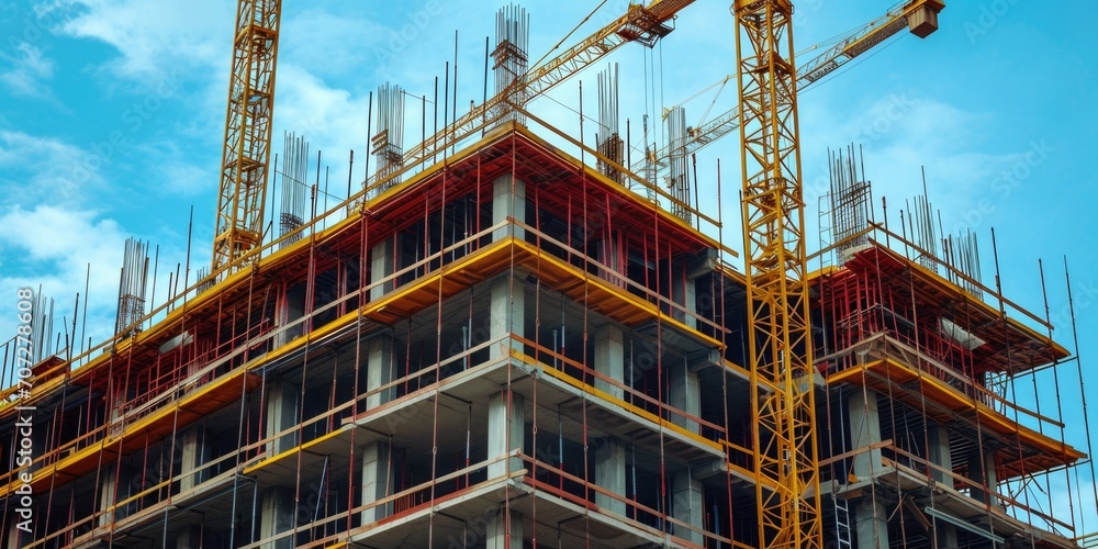 Poster A large building with a variety of construction equipment on top. This image can be used to illustrate a busy construction site