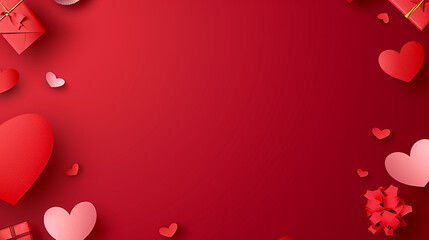 Red background with many hearts with little gifts and boxes, in the style of realistic yet romantic, light maroon and pink, paper sculptures, subtle gradients, realistic