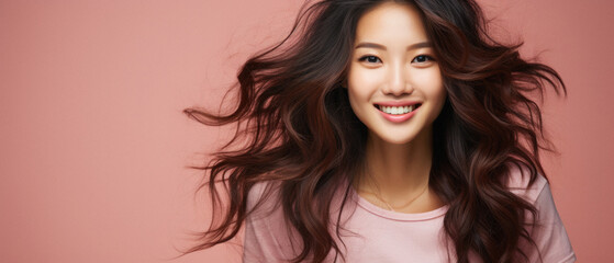 Smiling young asian woman with long hair isolated on pink background - obrazy, fototapety, plakaty