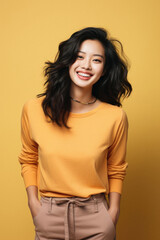 Happy asian woman in yellow sweater and beige pants on yellow background