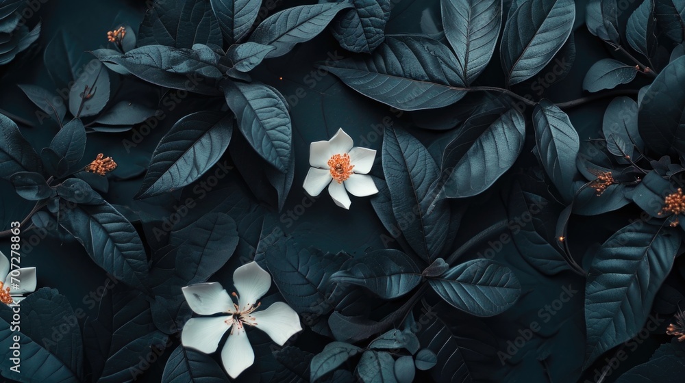 Poster a beautiful white flower set against a backdrop of lush green leaves. perfect for adding a touch of 